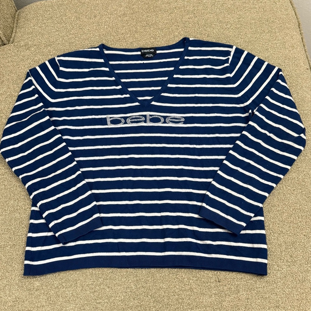 Bebe Navy and White Striped V-Neck Sweater Size XL
